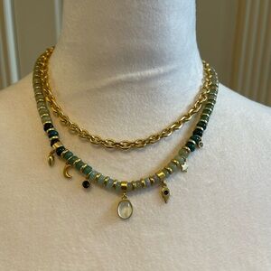 LOFT Gold and Green Layered Charm Necklace